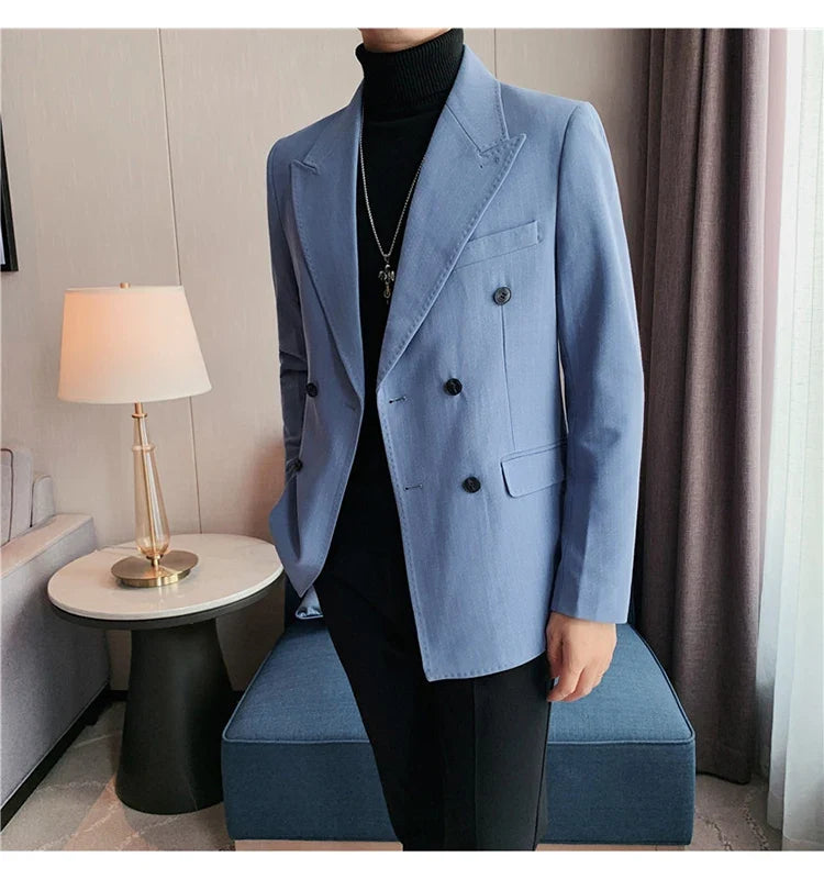 High Quality Double Breasted Suit Jacket Men Striped Casual Business Blazer Slim Fit Wedding Groom Office Social Dress Coat