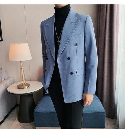 High Quality Double Breasted Suit Jacket Men Striped Casual Business Blazer Slim Fit Wedding Groom Office Social Dress Coat