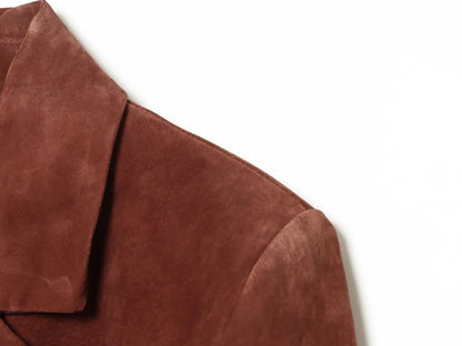 Vintage Women's Suede Texture Slim Blazer 2026 Autumn Double Breasted Lapel Suit Jacket Female Elegant Office Coat Outerwear