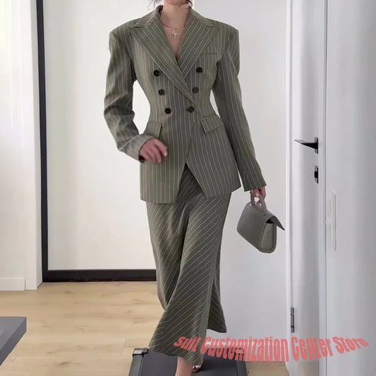 Elegant Women's Pinstripe Double Breasted Blazer Suit Office Workwear Tailored Jacket with Flared Trousers Fashion Business Set