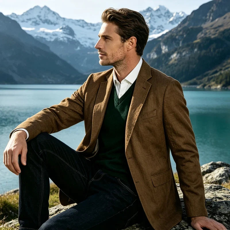 Men's Linen Blazer Notch Lapel Two-Button Sport Coat for Wedding and Daily Wear