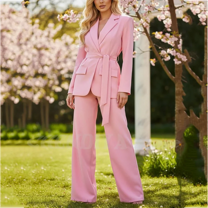 Classy Pink Women Suit Two Piece(Jacket+Pants) Notched Lapel Fashion Clothes with Belt Modern Fashion Daily Casual Outfit