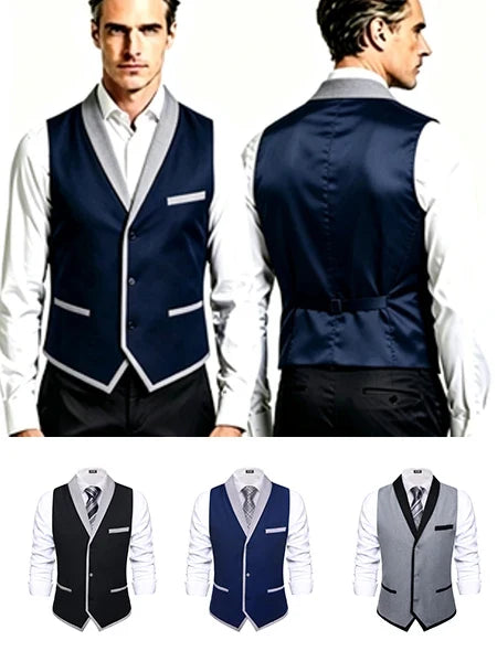 Men's Vest Single Breasted Lapel Collar Waistcoat for Wedding and Business in Navy Blue, Black & Gray