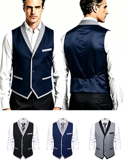 Men's Vest Single Breasted Lapel Collar Waistcoat for Wedding and Business in Navy Blue, Black & Gray
