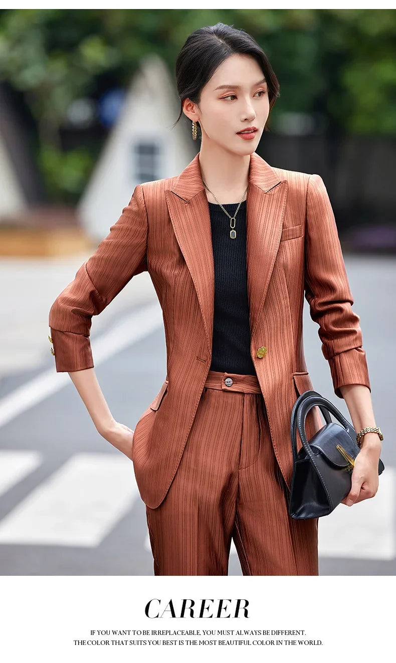 Professional Women's Suit2024New Autumn Green Striped Acetate Suit Workwear Elegant High-end Workplace Formal Wear