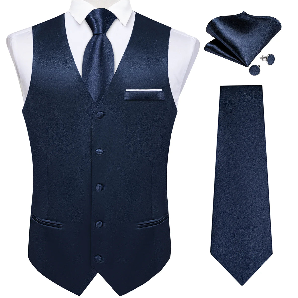 Men's Satin Suit Vest Set with Tie Handkerchief and Cufflinks for Wedding and Prom