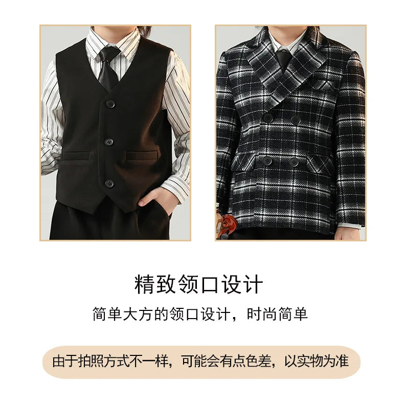 Boys British Double Breasted Blazer Jacket Pants Children Suit Waistcoat Wedding Clothes Sets Toddler Formal Dress Kids Tuxedos