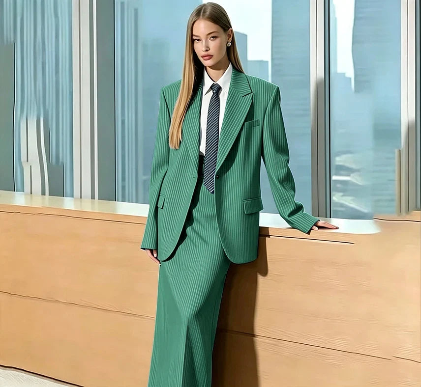 Stylish Gray Pinstripe Woman Clothing Single Breasted 2 Pieces Jacket Maxi Skirt Suit Set Formal Business Office Lady Wear