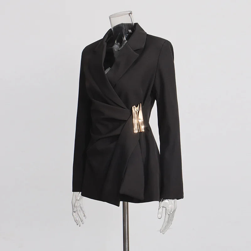 Women Blazer Elegant Fashion Asymmetric Twist Pleated Waist Cinching Metal Buckle Decoration Jacket New Spring 2026 HK19361