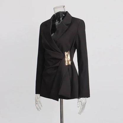 Women Blazer Elegant Fashion Asymmetric Twist Pleated Waist Cinching Metal Buckle Decoration Jacket New Spring 2026 HK19361