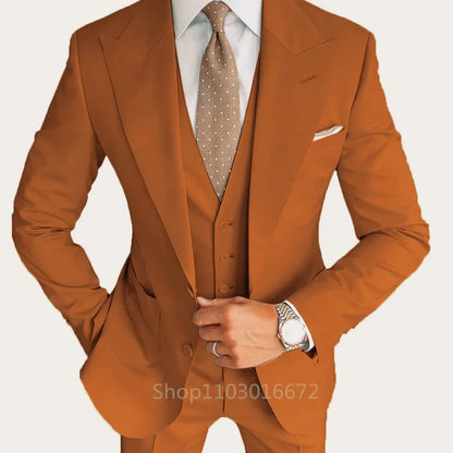 Formal Men's Groom Tuxedos Three-Piece Peak Lapel Suit Solid Jacket Vest Pants Party Prom Daily Casual Tuxedo Business Men Suits
