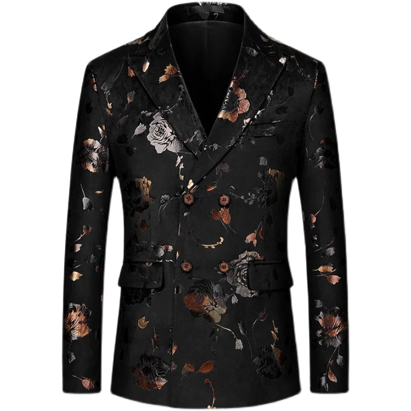 Men's Double Breasted Blazer Handsome Trend Casual Wedding Business Fashion High Quality Flowers Costume Homme De Luxe