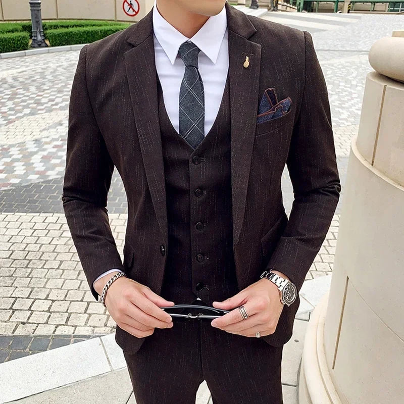 Men's 3-Piece Striped Suit – Slim Fit Blazer, Vest & Pants for Formal, Business & Wedding Occasions