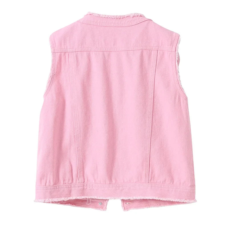 Autumn Women Denim Vests Sleeveless Waistcoat Students Casual Sleeveless Tops Jeans Jackets Pink Yellow White Orange Green 5XL