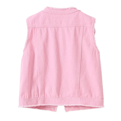 Autumn Women Denim Vests Sleeveless Waistcoat Students Casual Sleeveless Tops Jeans Jackets Pink Yellow White Orange Green 5XL