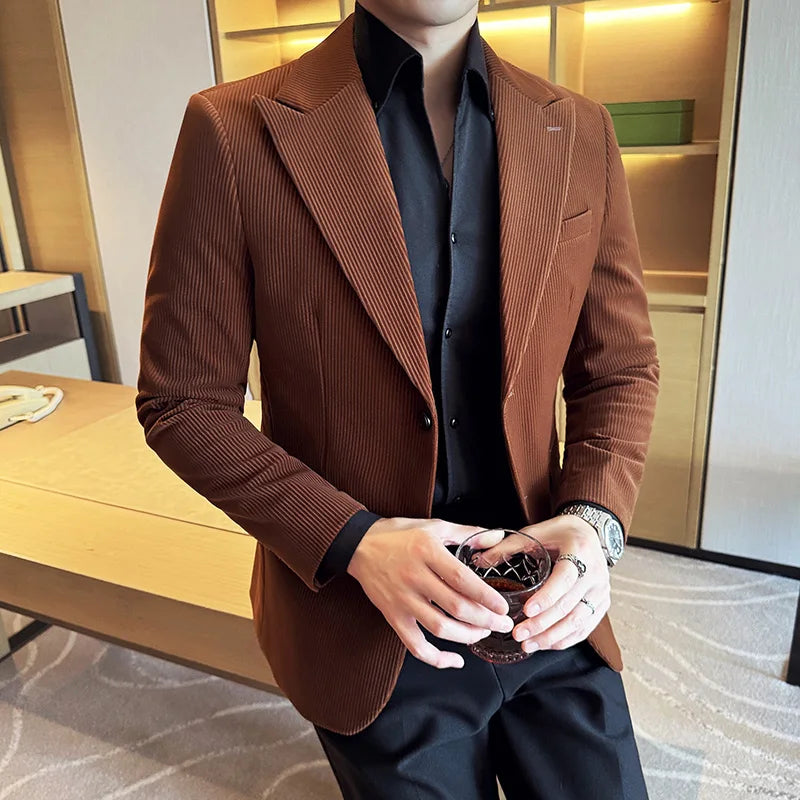 Autumn Winter New Corduroy Striped Suit Jacket Men High Quality Slim Fit Business Social Formal Suit Coats Tailcoat Men Clothing