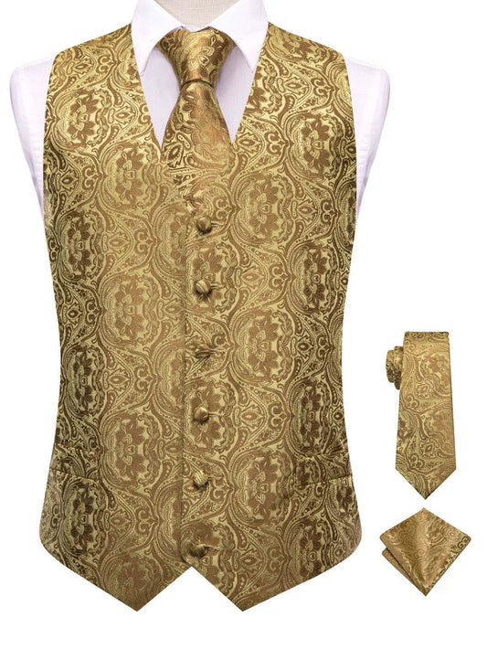 Men's Suit Vest Set Jacquard Waistcoat with Matching Tie and Handkerchief for Prom and Business Events – Golden Floral Paisley