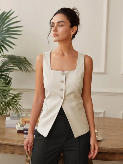 Summer temperament commuter vest vest solid color waistband square collar wide shoulder waistcoat