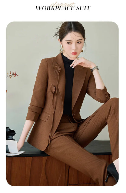 High End Khaki Elegant Fashion Two Piece Set Fashion Women Slim Single Button Blazer And Flare Pant Office Lady Work Wear
