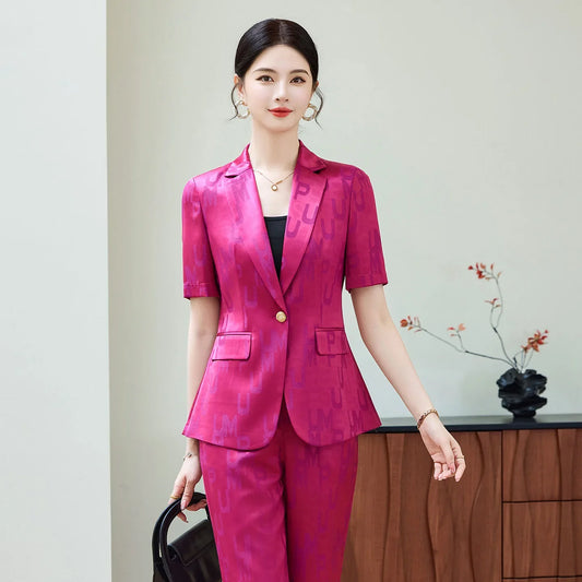 Fashion Letter Print Short Sleeve Professional Suit Women New 2026 Summer Elegant Slim Blazer And Pants Office Ladies Work Wear