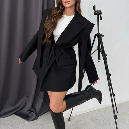Spring Autumn New Women Blazer Turn-down Collar Long Sleeve Lace-up Waist Cinching Elegant Fashion Office Lady Coat HK16723