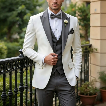 Men Suit Cream 3 Pieces Single Button With Lapel For Wedding Birthday Banquet Party Business Work Office Jacket Vest Pants