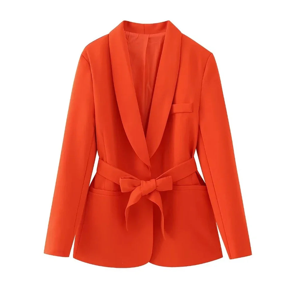 Elegant Shawl Lapel Women Suits Two Piece Summer Long Sleeves No Buttons Tuxedo Slim Casual Daily Pants Sets (Blazer+Pants)