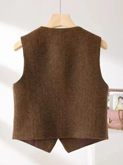 2025 British Style Retro Suits Vests Spring Autumn V-neck Herringbone Pattern Women's Sleeveless Jacket New Blazers Waistcoat