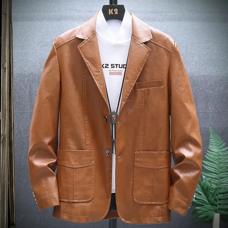 Men's Faux Leather Blazer Jacket Autumn Winter Warm Fleece Lined Casual Versatile Outerwear