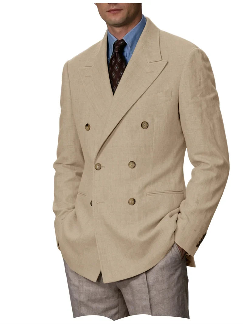 Men Linen Blazer Double Breasted Jacket Lightweight Soft Slim Coat For Business Wedding Casual Daily Party Vacation Dating