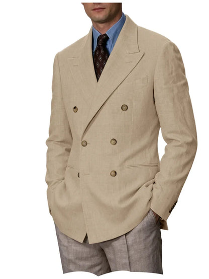 Men Linen Blazer Double Breasted Jacket Lightweight Soft Slim Coat For Business Wedding Casual Daily Party Vacation Dating