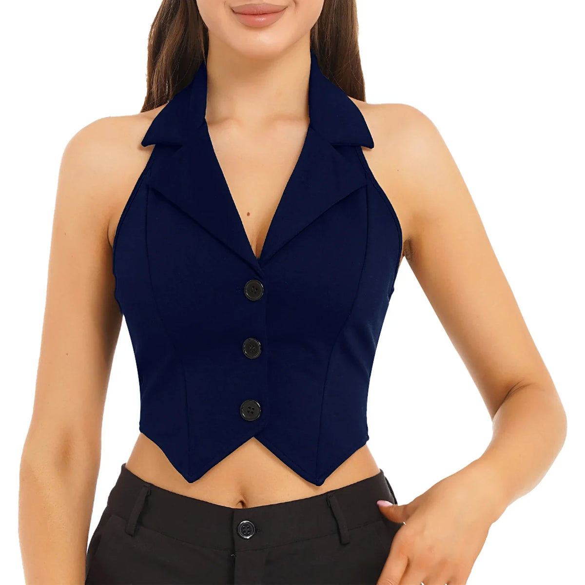 Womens Fashion Vest Shirts Separate Waistcoat Crop Tops Lapel Halter Backless Button Down Pointed Hem Vest for Party Formal Wear
