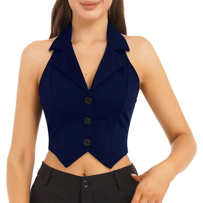 Womens Fashion Vest Shirts Separate Waistcoat Crop Tops Lapel Halter Backless Button Down Pointed Hem Vest for Party Formal Wear