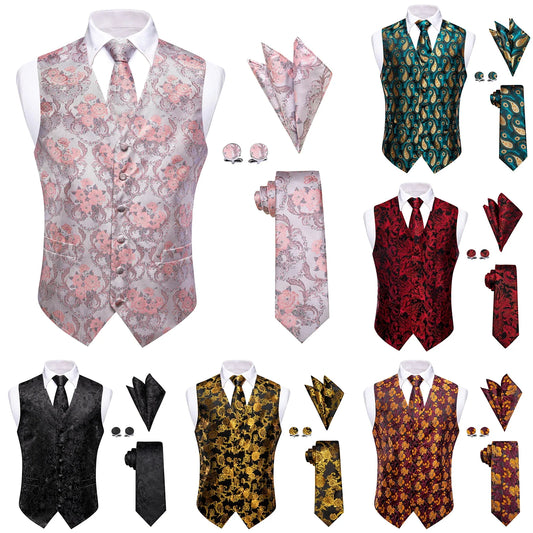 Men's Floral V-Neck Waistcoat 4-Piece Set – Formal Vest with Necktie, Pocket Square & Cufflinks for Banquets & Parties