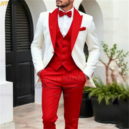 Elegant Men's Suit Set 3 Pieces Blazer Vest Pants Fashion Wedding Birthday Party Groom Homme Costume Formal Peak Lapel Tuxedos