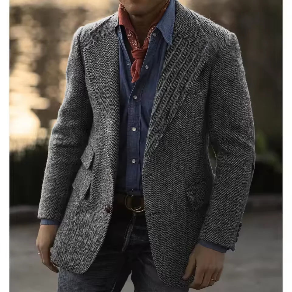 Men's Herringbone Tweed Blazer – Wool Blend, Classic British Style, Business & Wedding