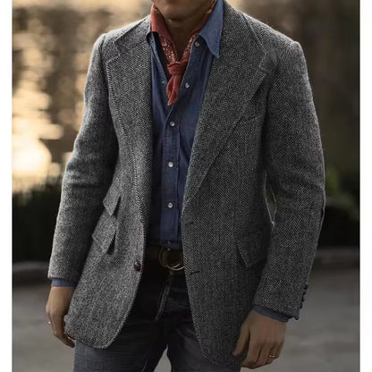 Men's Herringbone Tweed Blazer – Wool Blend, Classic British Style, Business & Wedding