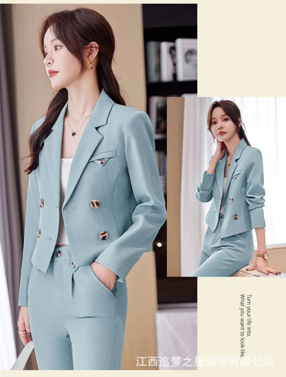 Blue Suit Women 2024 New Spring High End Fashion Temperament Professional Short Blazer And Pants Sets Office Ladies Work Wear