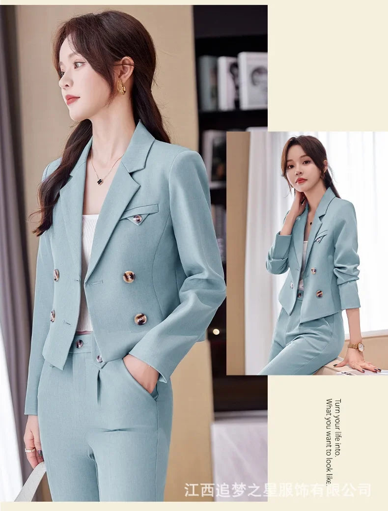 Spring Autumn Solid Women Suits Office Sets 2024 New Fashion Double Breasted Short Blazers Casual High Waist Pencil Pants Suits