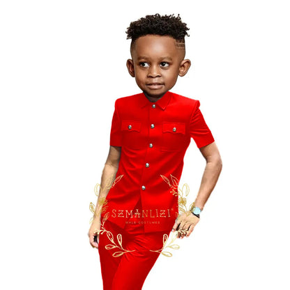 Boys Suit Black 2 Pieces Short Sleeve Party Tuxedo Formal Wedding Kids Clothes Indian Style Blazer Pants 2-16 Years Old
