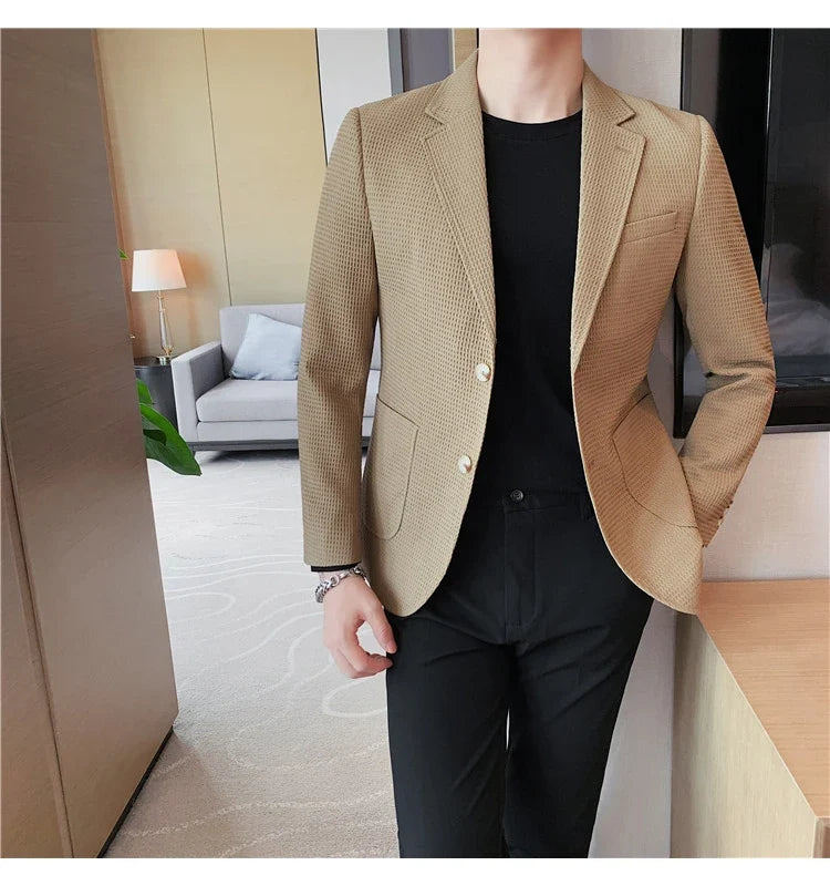 2025 Spring New Waffle Suit Coats Men Slim Fit Business Casual Blazer Jacket Homme Formal Groom Prom Wedding Tuxedo 4XL-M