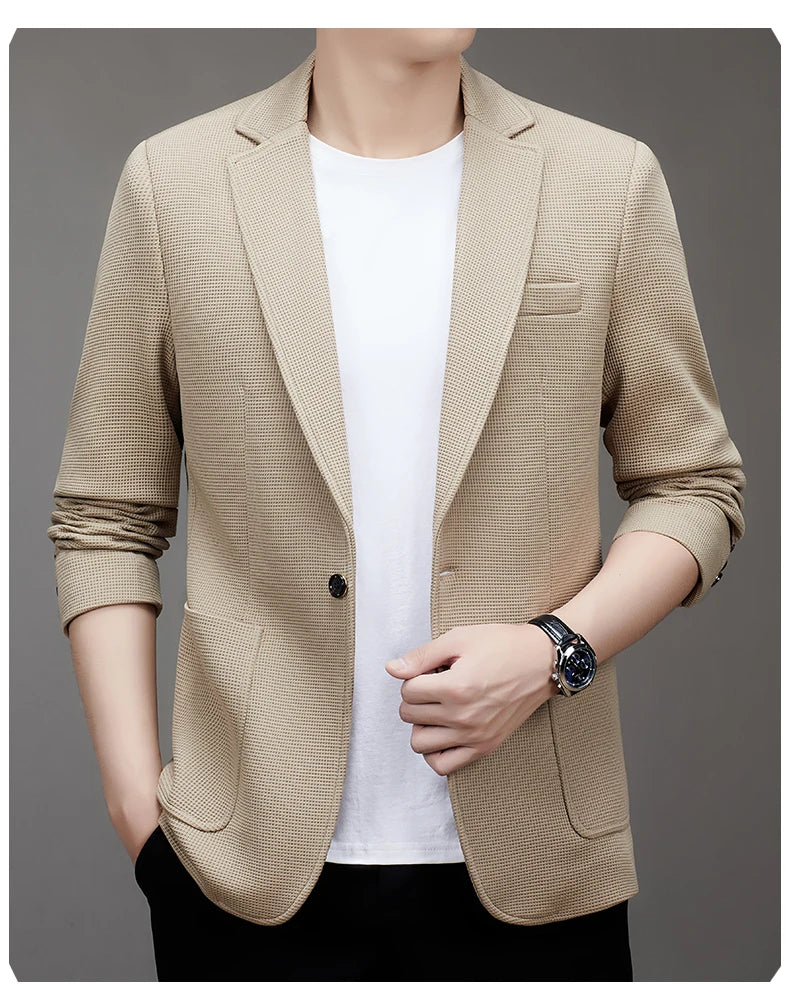 New men's suit jacket with non-stretch flat collar, waffle pattern, for business casual and fitted formal wear.