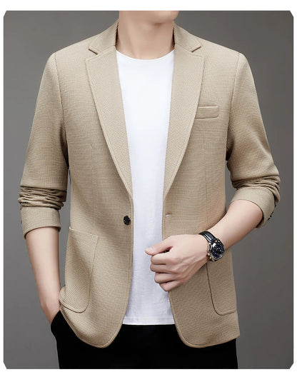 New men's suit jacket with non-stretch flat collar, waffle pattern, for business casual and fitted formal wear.
