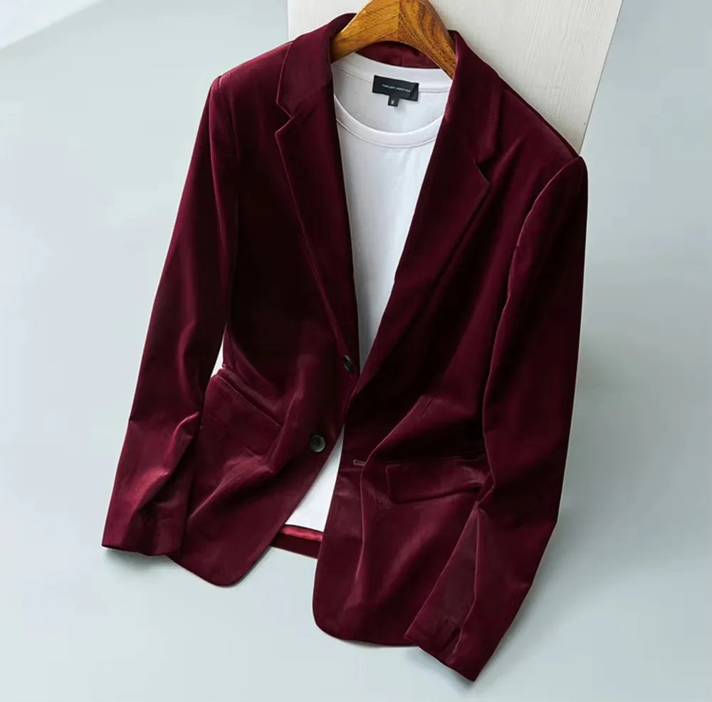 Men's Burgundy Velvet Jacket Slim Fit Two Buttons Notch Lapel Suit Blazer for Prom Party Wedding Business Smart Casual One Coat