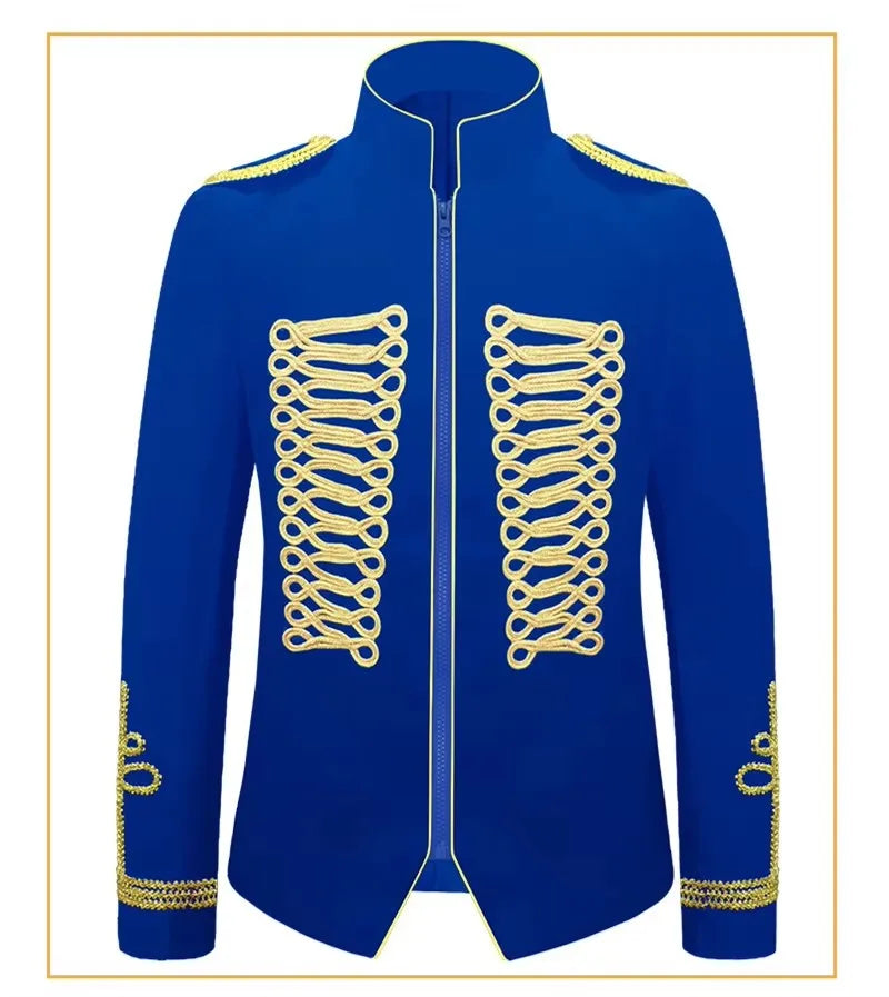 Men's European Style Stand Collar Zipper Blazer Golden Rope Detail Cosplay Middle Ages Tuxedo for Stage Performances And Parties