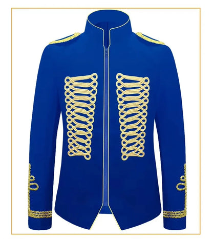 Men's European Style Stand Collar Zipper Blazer Golden Rope Detail Cosplay Middle Ages Tuxedo for Stage Performances And Parties
