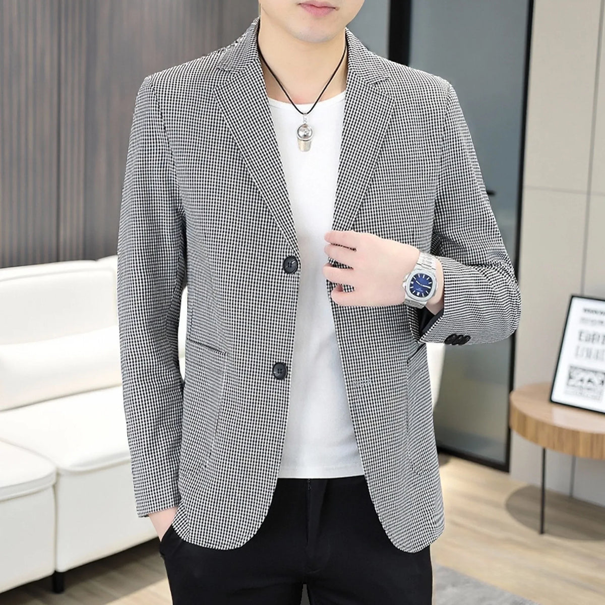 Men's Plaid Blazer for Casual Business Spring Autumn | Khaki Dark Gray Light Gray