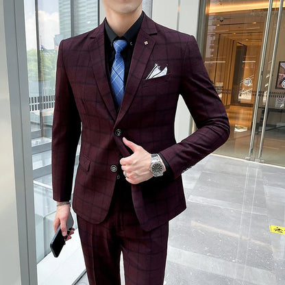 Men's Plaid Three-Piece Suit – Slim Fit Wedding & Business Set with Vest and Trousers