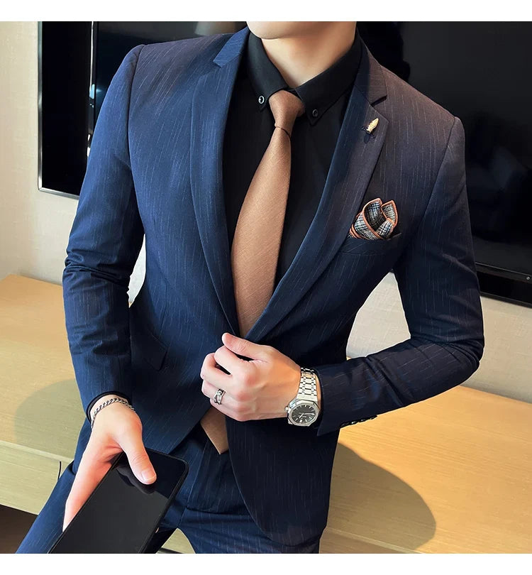 7XL 6XL(Jacket+Pant）Fashion Striped Men Slim Fit Suit Groom Wedding Tuxedo Formal Business Party Slim Fit Social Stage Costume