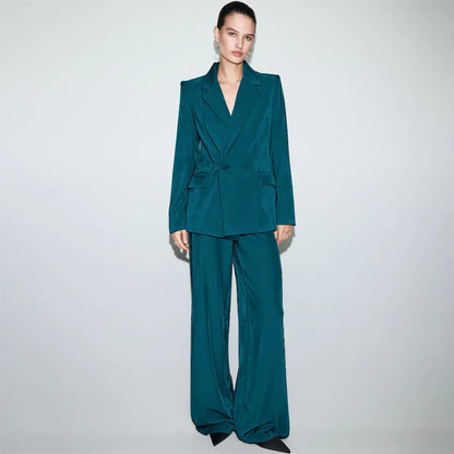 Luxury Navy Blue Velvet Women's Suit Two Piece(Jacket+Pants) Set Double-Breasted Notch Lapel Blazer Elegant Formal Evening Wear